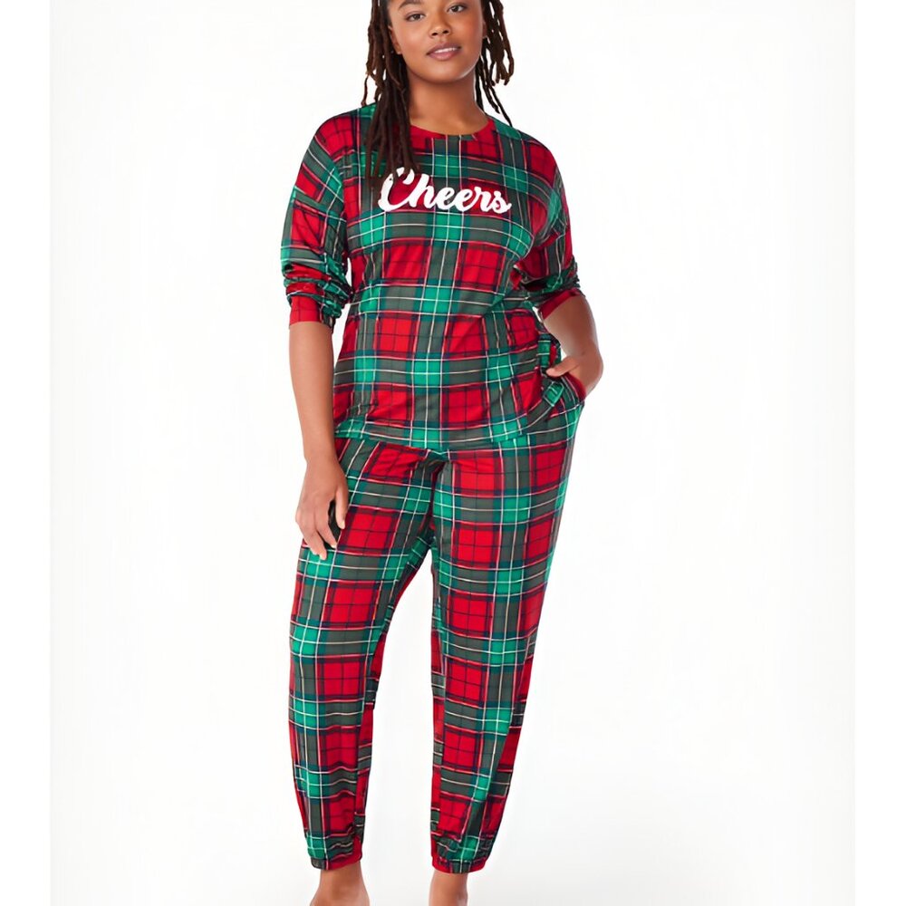NEW 2Pc 3X 22W-24W Women’s CHEERS Plaid Christmas Pajama Set w/ Pockets